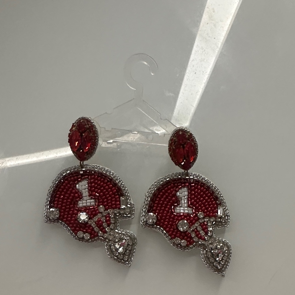 Glamorous Red and Silver Football Helmet Earrings
